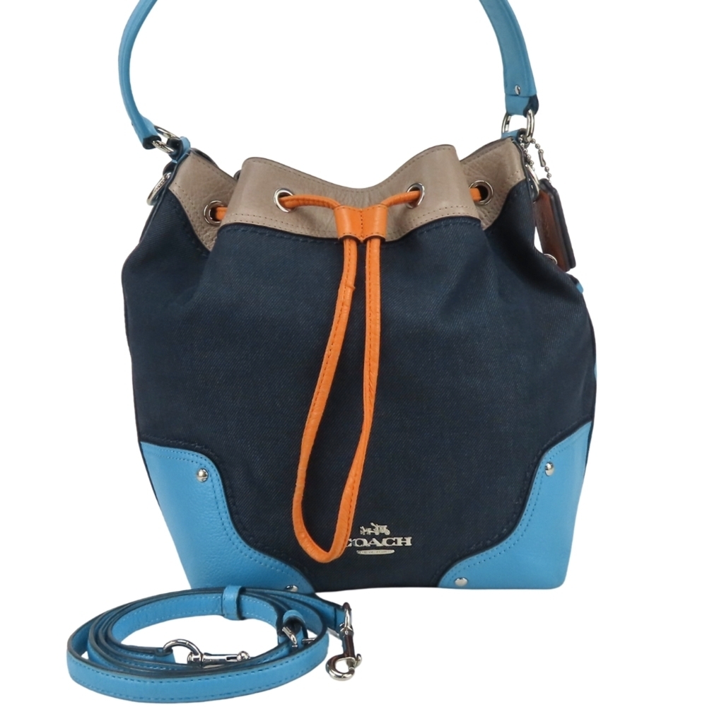Coach Shoulder Bag F37643 Denim Leather Indigo Blue Orange Greige 2-Way Cross...